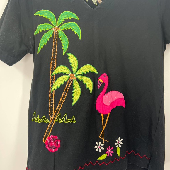 Kakcus Vintage Black Embroidered Tropical Aloha Flamingo Blouse Tshirt Medium - Picture 6 of 9
